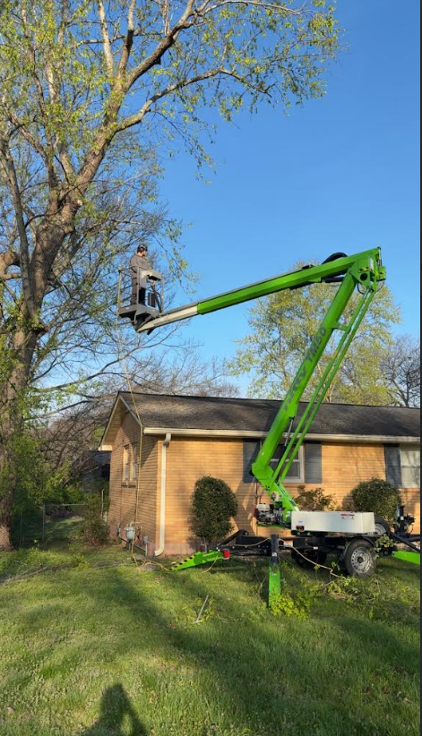 Tree trimming with bucket lift at a Tennessee home